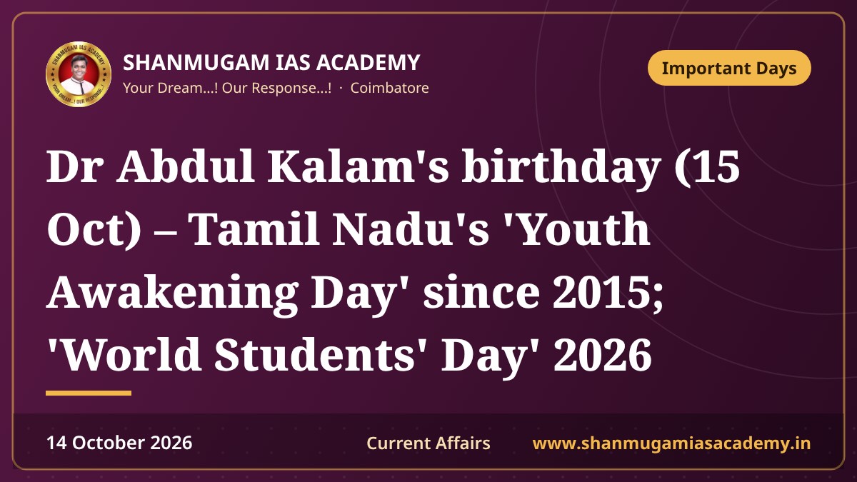Dr Abdul Kalam's birthday (15 Oct) – Tamil Nadu's 'Youth Awakening Day' since 2015; 'World Students' Day' 2026