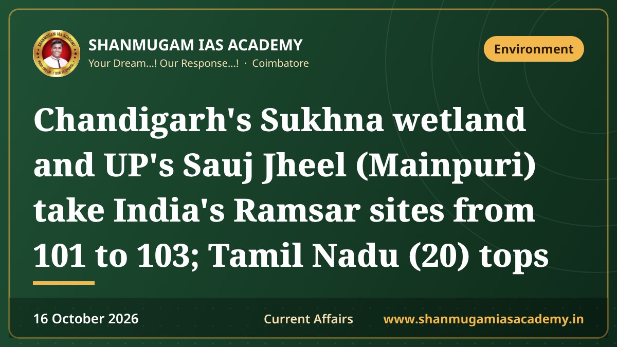 Chandigarh's Sukhna wetland and UP's Sauj Jheel (Mainpuri) take India's Ramsar sites from 101 to 103; Tamil Nadu (20) tops