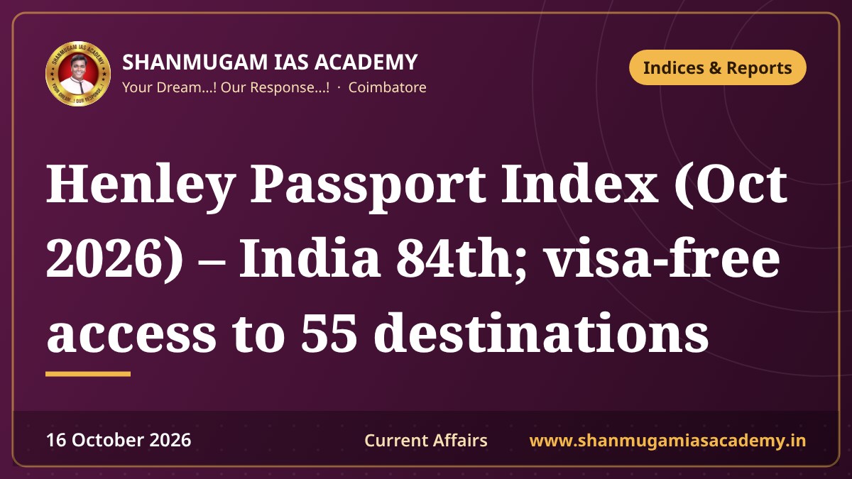 Henley Passport Index (Oct 2026) – India 84th; visa-free access to 55 destinations