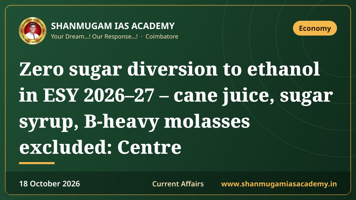 Zero sugar diversion to ethanol in ESY 2026–27 – cane juice, sugar syrup, B-heavy molasses excluded: Centre
