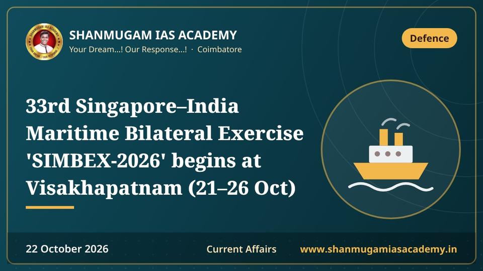 33rd Singapore–India Maritime Bilateral Exercise 'SIMBEX-2026' begins at Visakhapatnam (21–26 Oct)