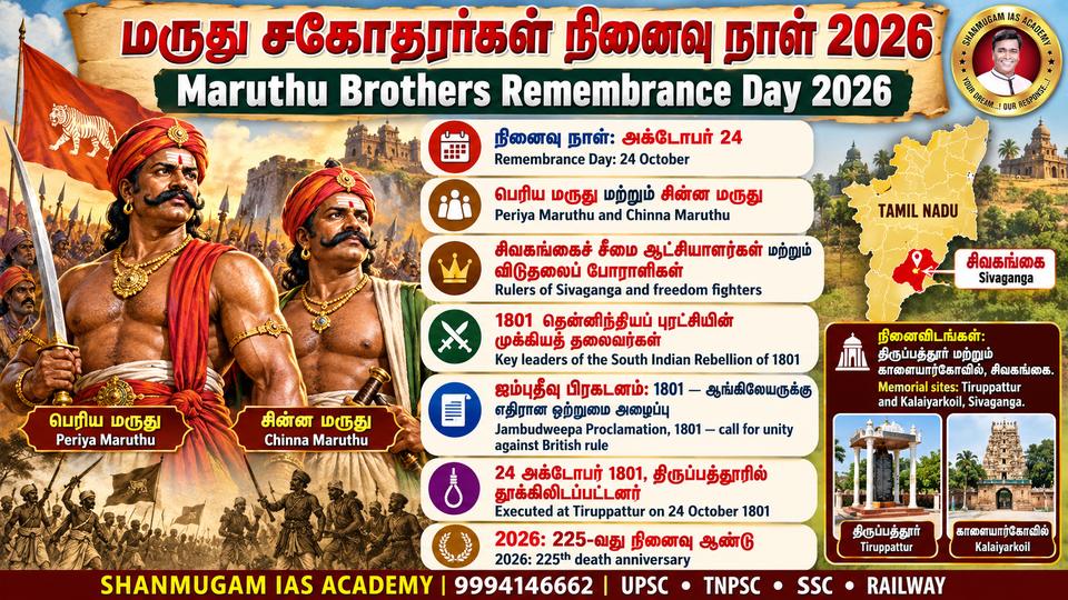 Marudhu Brothers' Memorial Day – 24 October (day of their hanging at Tiruppathur, 1801)