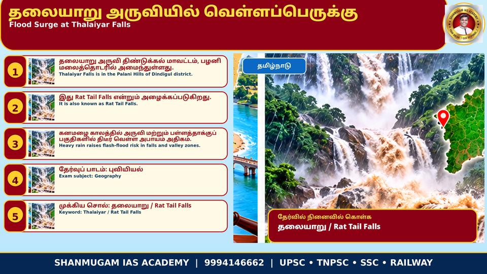 தமிழ்நாட்டின் மிக உயரமான தலையாறு அருவியில் (எலிவால் அருவி) வெள்ளப்பெருக்கு
