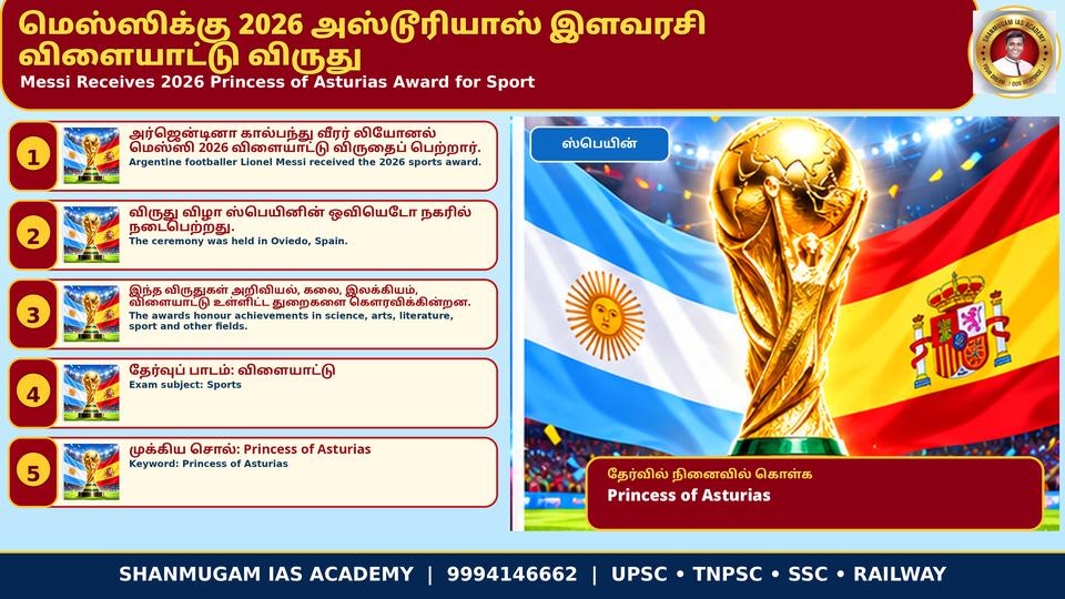 லியோனல் மெஸ்ஸி 2026 அஸ்டூரியாஸ் இளவரசி விளையாட்டு விருதைப் பெற்றார் – ஓவியேடோவில் இளவரசி லியோனோர் வழங்கினார்