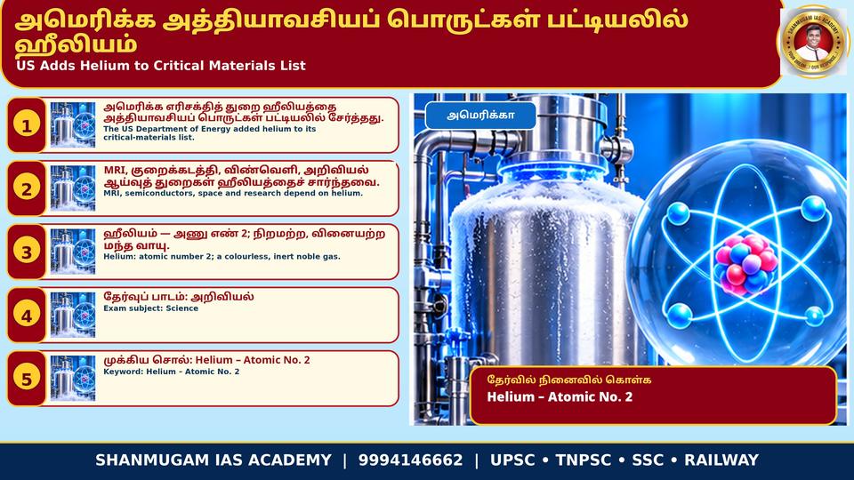 அமெரிக்க எரிசக்தித் துறை (DOE) 'முக்கியப் பொருட்கள் பட்டியலில்' (Critical Material List) ஹீலியத்தைச் சேர்த்தது