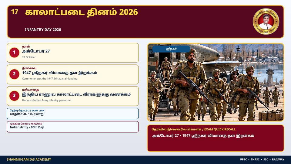 காலாட்படை தினம் 2026 (அக். 27) – 80-ஆவது ஆண்டு; 1947 ஸ்ரீநகர் விமானத் தரையிறக்கம் (1 SIKH) நினைவு