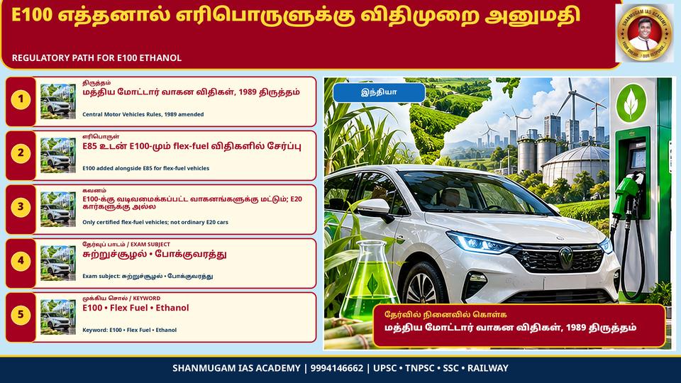 Central Motor Vehicles Rules amended: E100 (pure ethanol) added alongside E85 as fuel for flex-fuel vehicles