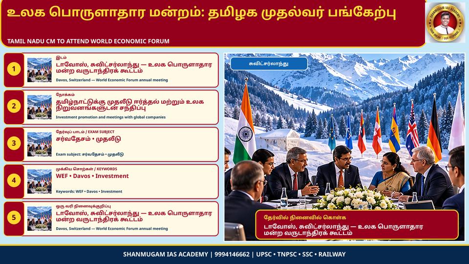 சுவிட்சர்லாந்தின் டாவோஸில் உலகப் பொருளாதார மன்ற ஆண்டுக் கூட்டம் (ஜன. 18–22, 2027) – முதல்வர் விஜய் பங்கேற்கிறார்