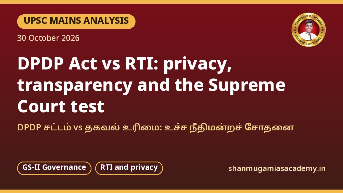 UPSC Mains பகுப்பாய்வு: DPDP சட்டமும் தகவல் உரிமையும் – தனியுரிமைச் சட்டம் பொதுப் பொறுப்புக்கூறலின் சாளரத்தை மூடுமா?