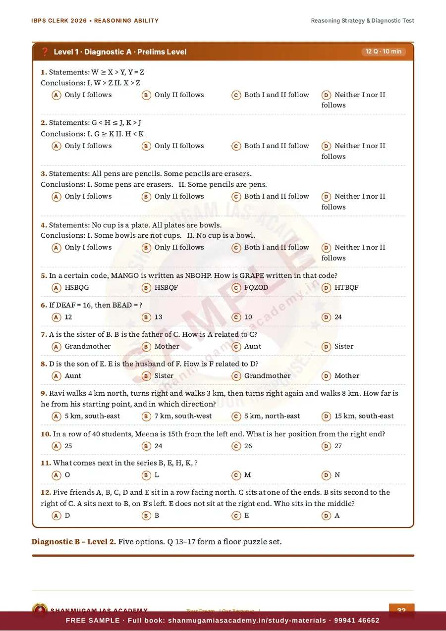 IBPS Clerk 2026 – Reasoning Ability (Prelims + Mains) – sample page 12