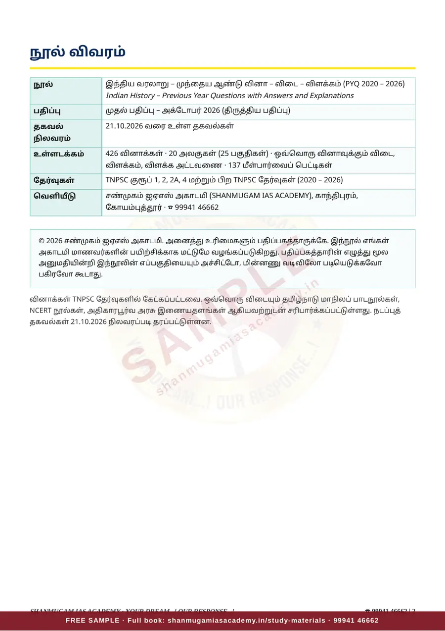 இந்திய வரலாறு — முந்தைய ஆண்டு வினா – விடை – விளக்கம் (2020 – 2026) – sample page 2